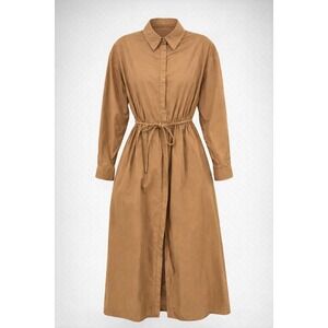 Matteau Dress Womens 4 Brown Organic Cotton Shirt Midi Tie Waist Long Sleeve